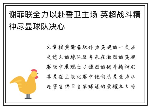 谢菲联全力以赴誓卫主场 英超战斗精神尽显球队决心