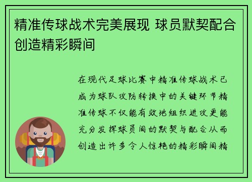精准传球战术完美展现 球员默契配合创造精彩瞬间