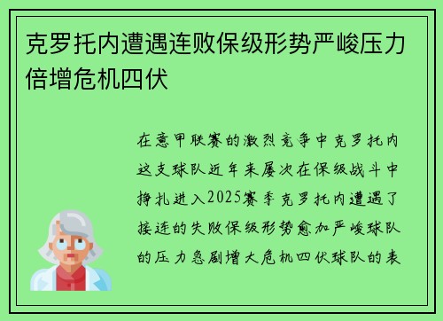 克罗托内遭遇连败保级形势严峻压力倍增危机四伏