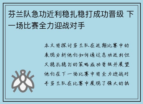 芬兰队急功近利稳扎稳打成功晋级 下一场比赛全力迎战对手