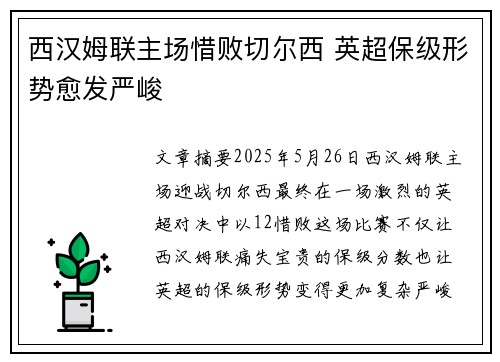 西汉姆联主场惜败切尔西 英超保级形势愈发严峻