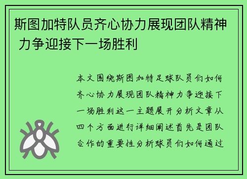 斯图加特队员齐心协力展现团队精神 力争迎接下一场胜利